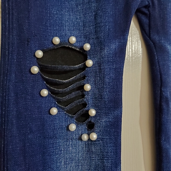 Distressed faux 'jeggings' faux pearl accents black and blue XS SMALL - Picture 3 of 7